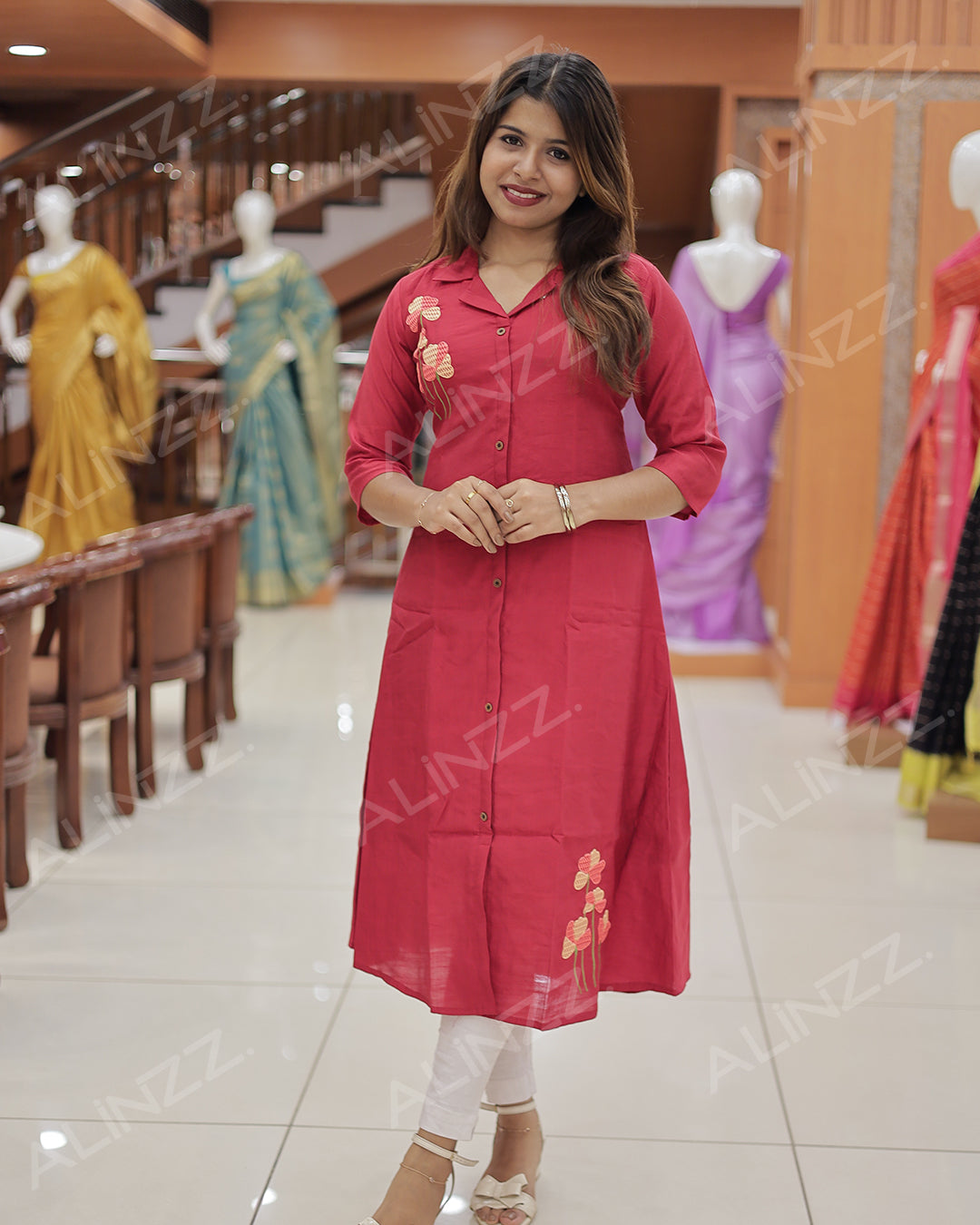 Women's A-Line Kurti with Floral Embroidery-R455