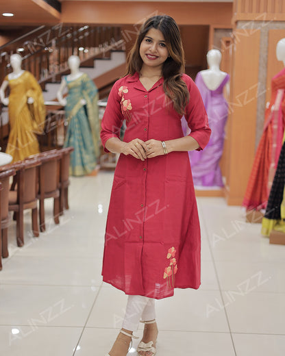 Women's A-Line Kurti with Floral Embroidery-R455