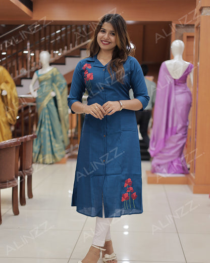 Women's A-Line Kurti with Floral Embroidery-R455