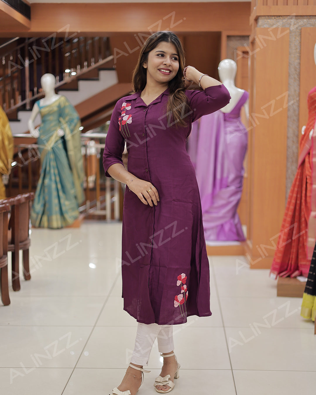Women's A-Line Kurti with Floral Embroidery-R455