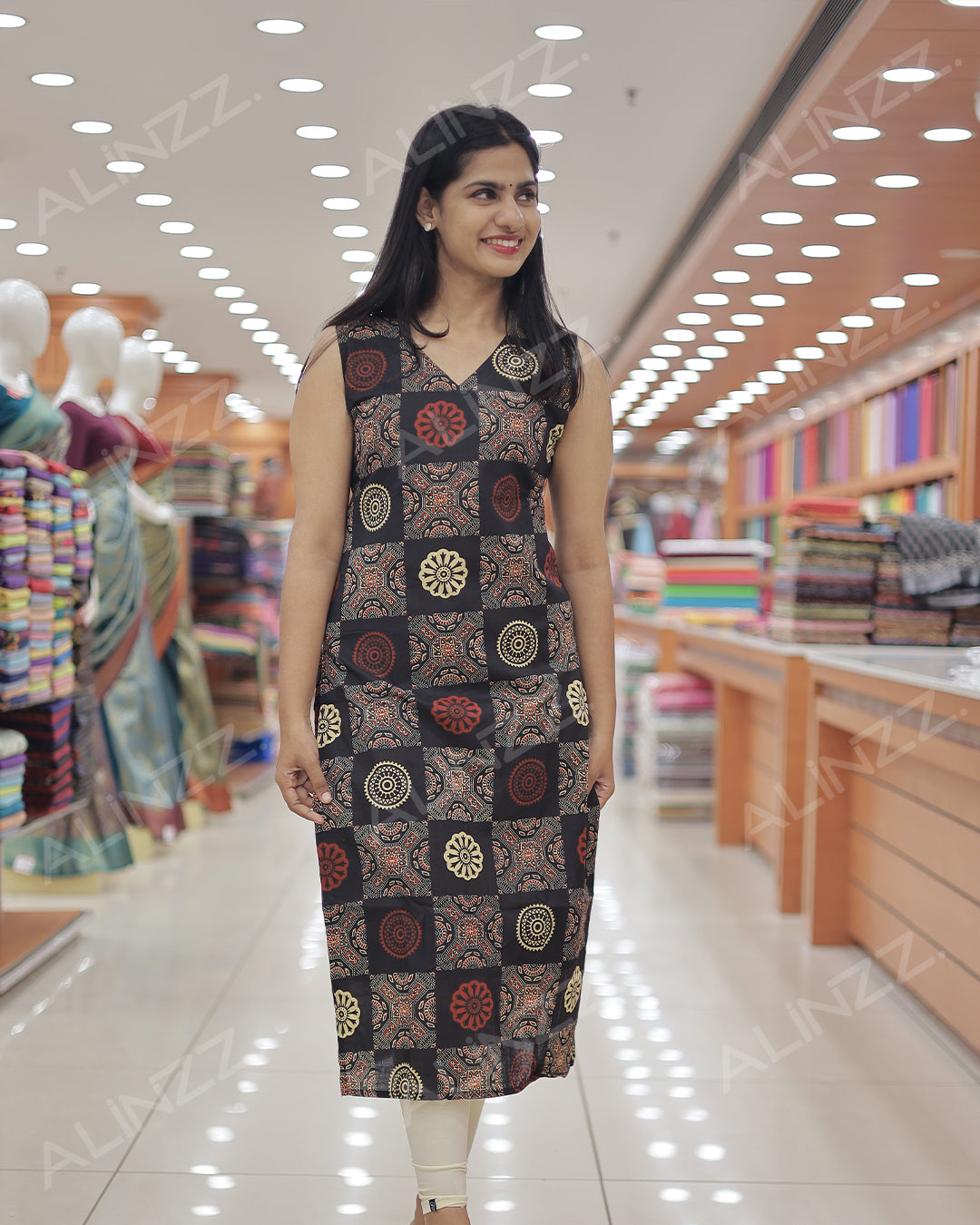 Women's Ajrakh Print Cotton Slitted Kurti- R461