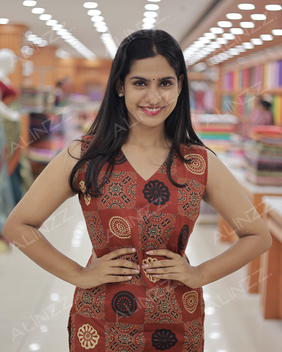 Women's Ajrakh Print Cotton Slitted Kurti- R461