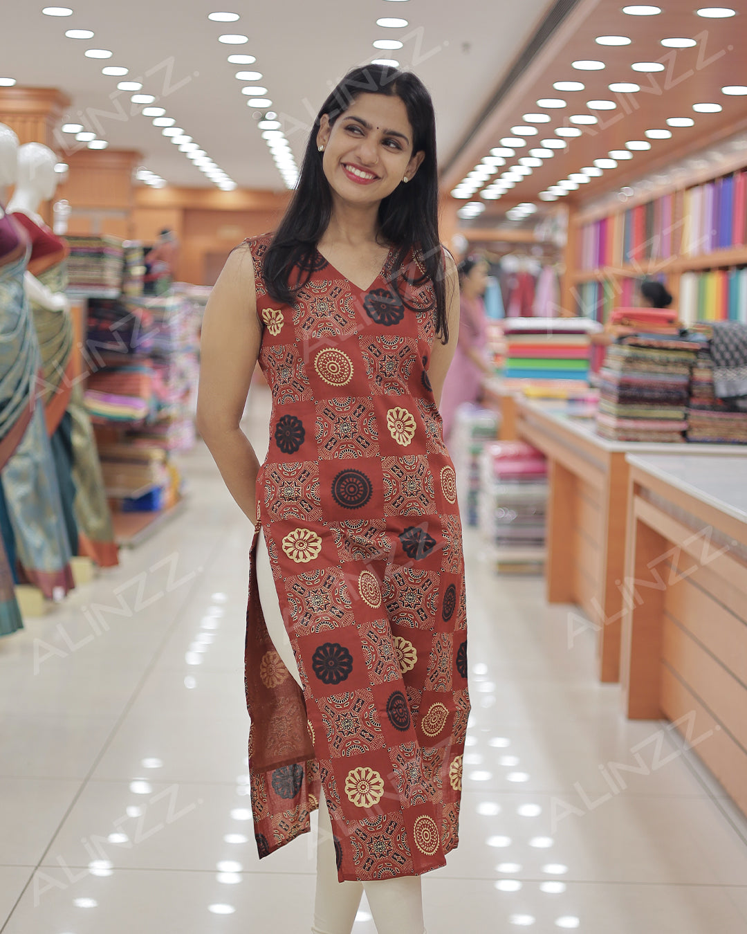 Women's Ajrakh Print Cotton Slitted Kurti- R461