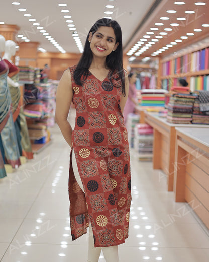 Women's Ajrakh Print Cotton Slitted Kurti- R461