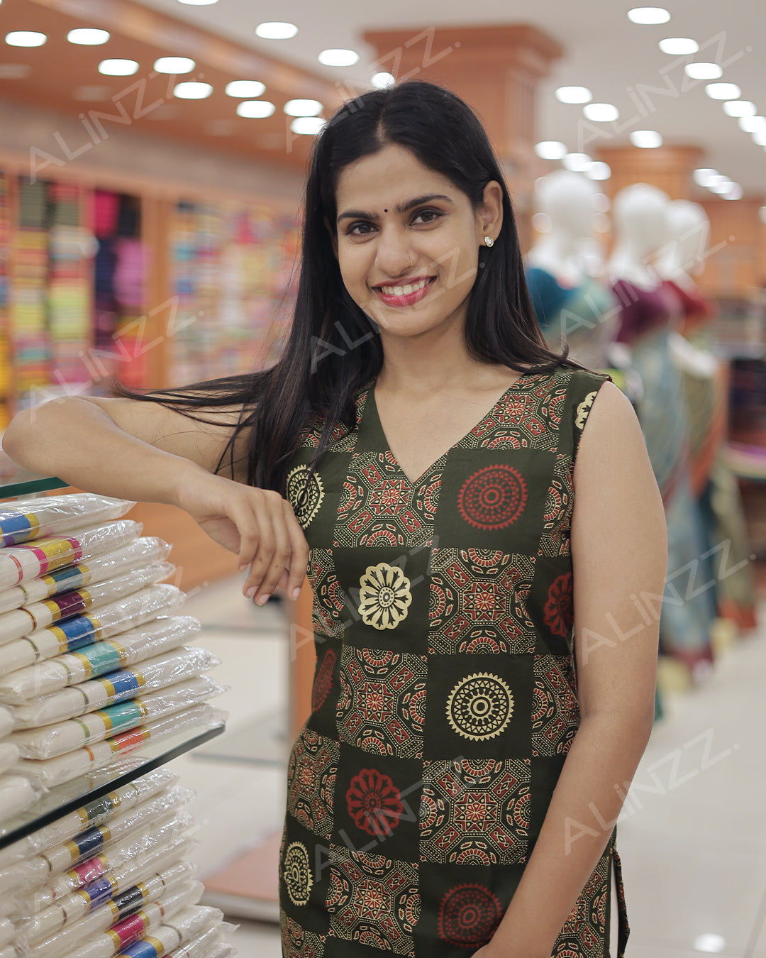 Women's Ajrakh Print Cotton Slitted Kurti- R461