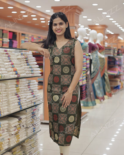 Women's Ajrakh Print Cotton Slitted Kurti- R461