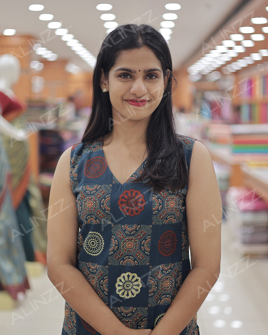 Women's Ajrakh Print Cotton Slitted Kurti- R461