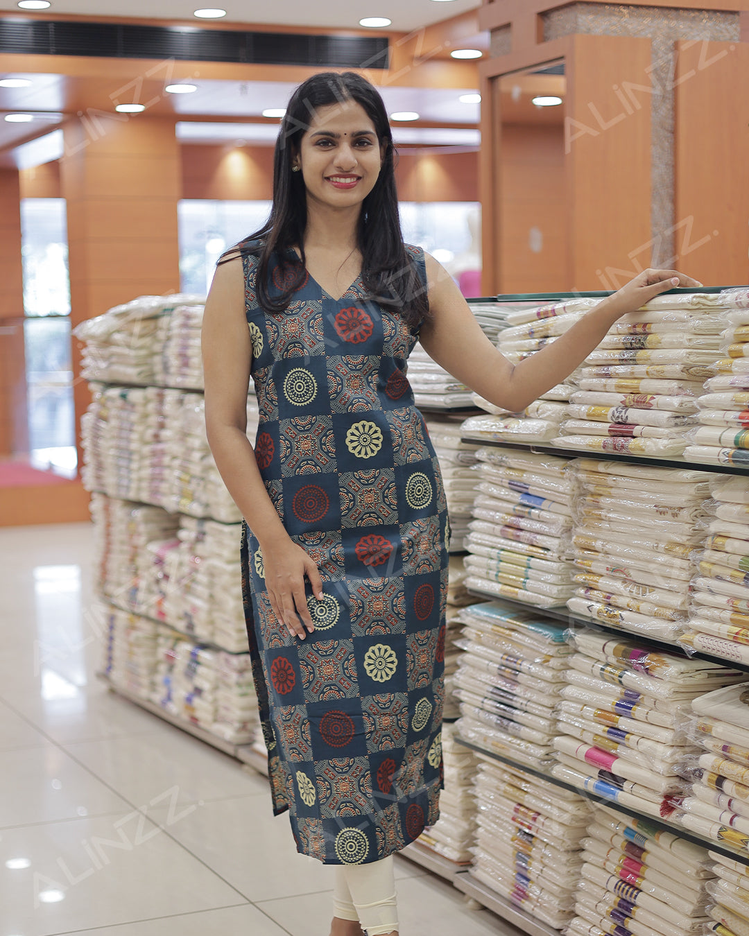 Women's Ajrakh Print Cotton Slitted Kurti- R461