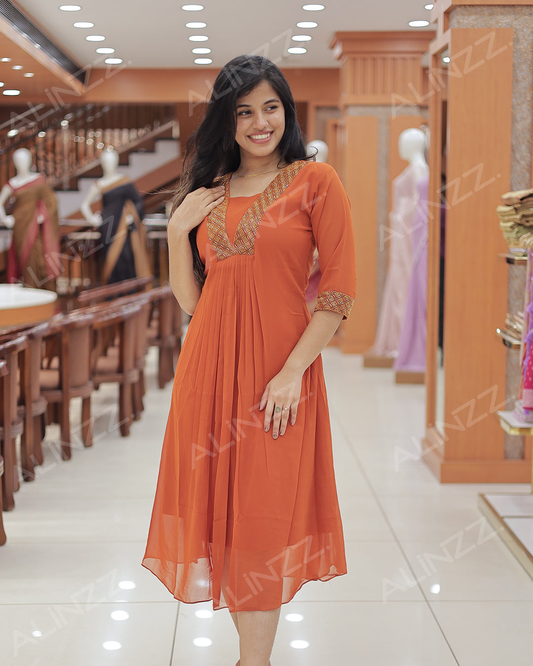 Women's Georgette A-Line Top with V-Neck Patch Work - R468