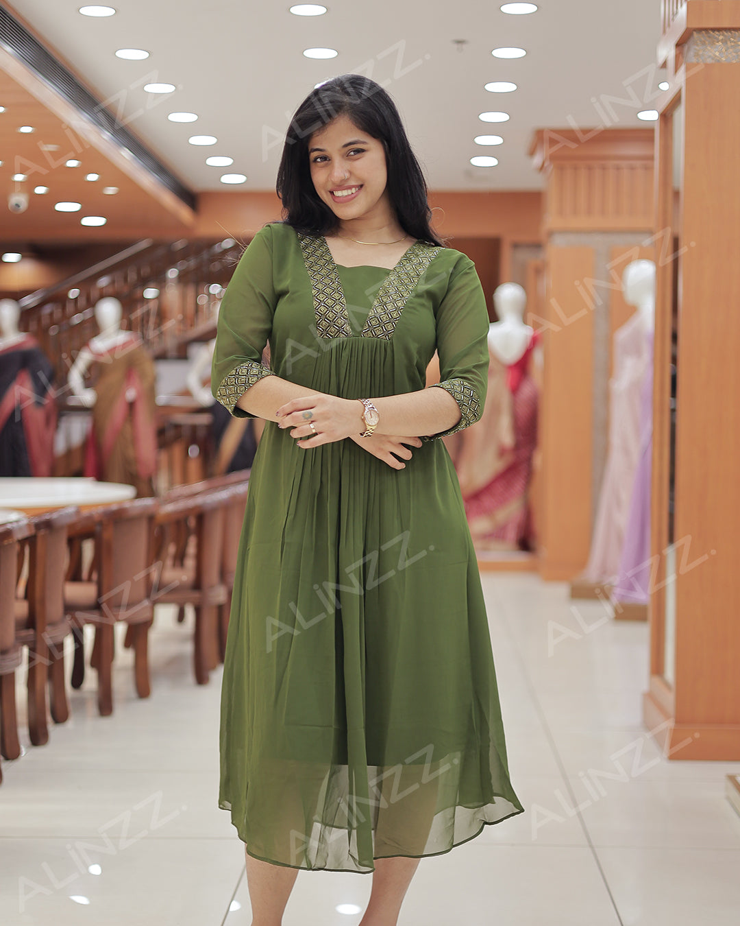 Women's Georgette A-Line Top with V-Neck Patch Work - R468