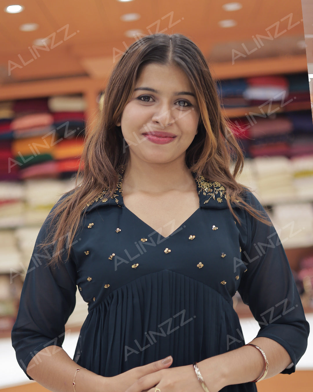 Georgette Kurti for Women with Collar Neck & handwork Work-R472