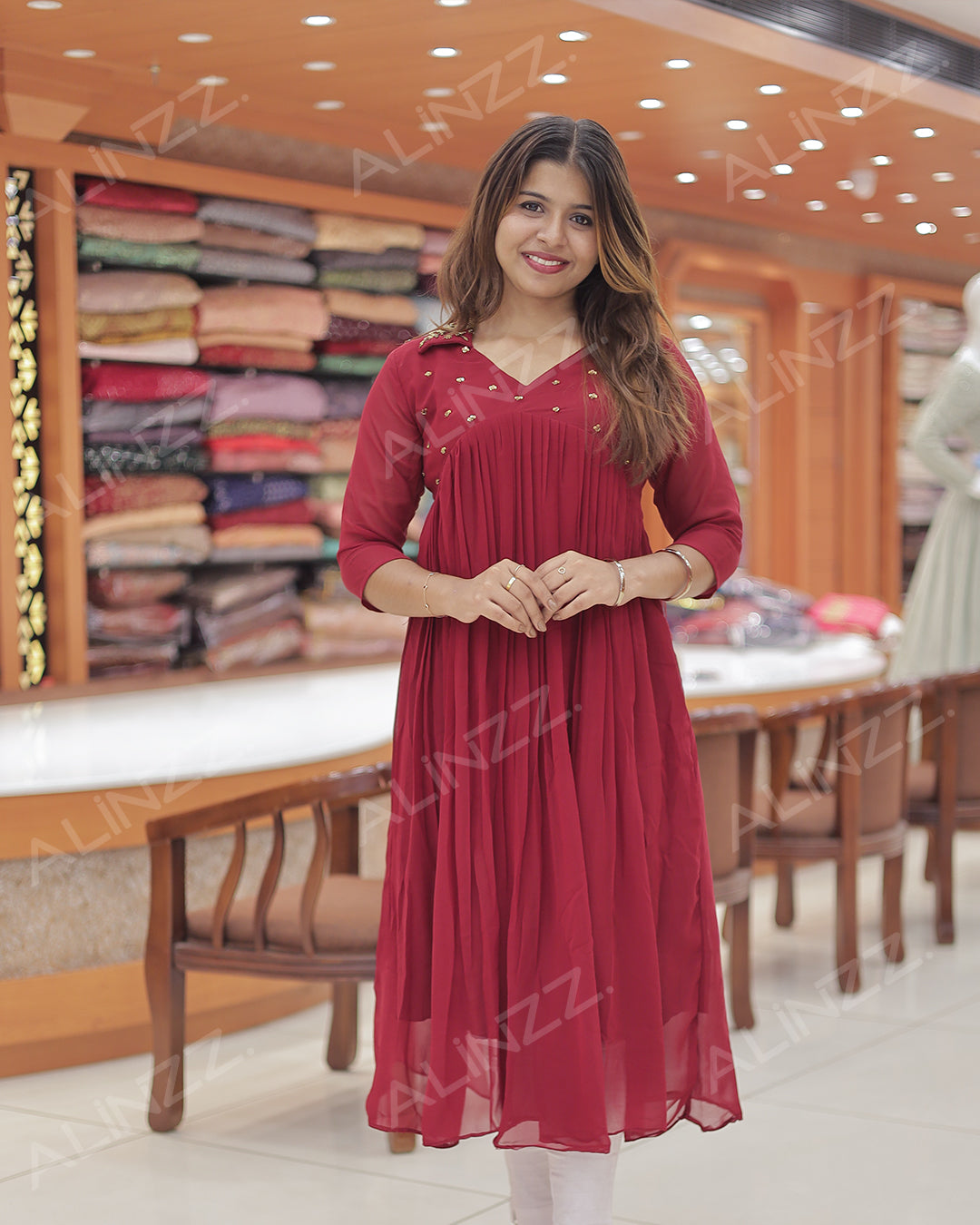 Georgette Kurti for Women with Collar Neck & handwork Work-R472