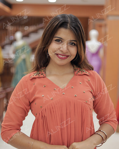 Georgette Kurti for Women with Collar Neck & handwork Work-R472