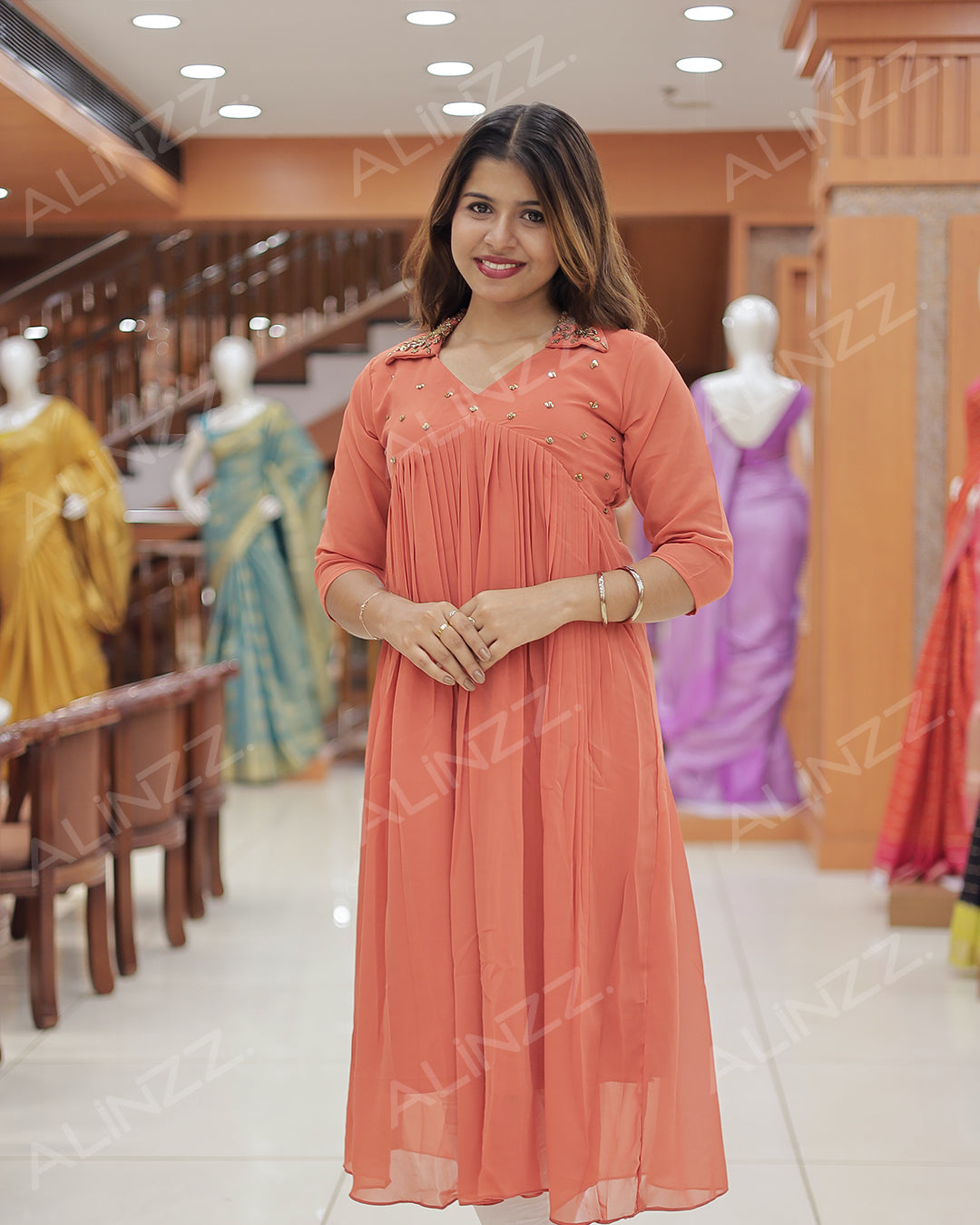 Georgette Kurti for Women with Collar Neck & handwork Work-R472