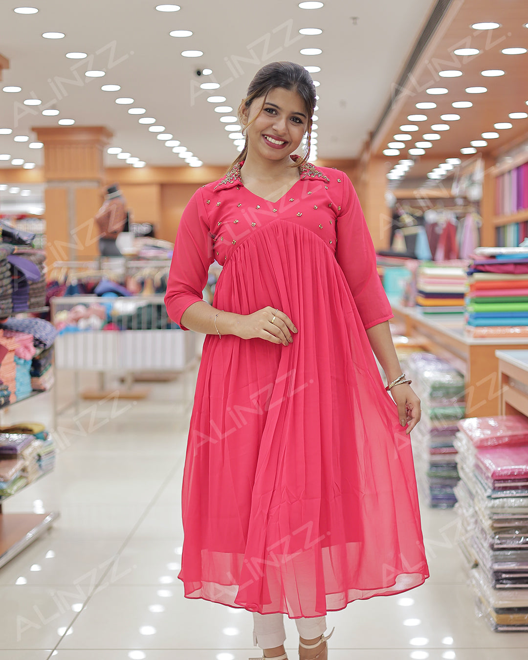 Georgette Kurti for Women with Collar Neck & handwork Work-R472