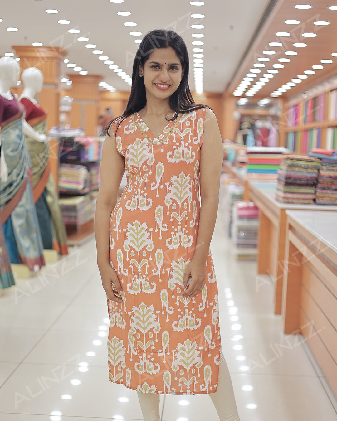 Women's Rayon Ikat Print Sleeveless Slitted Kurthi -R480