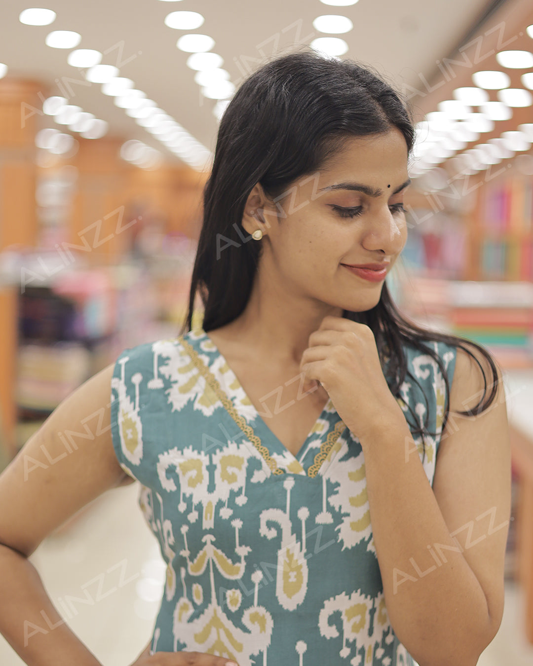 Women's Rayon Ikat Print Sleeveless Slitted Kurthi -R480