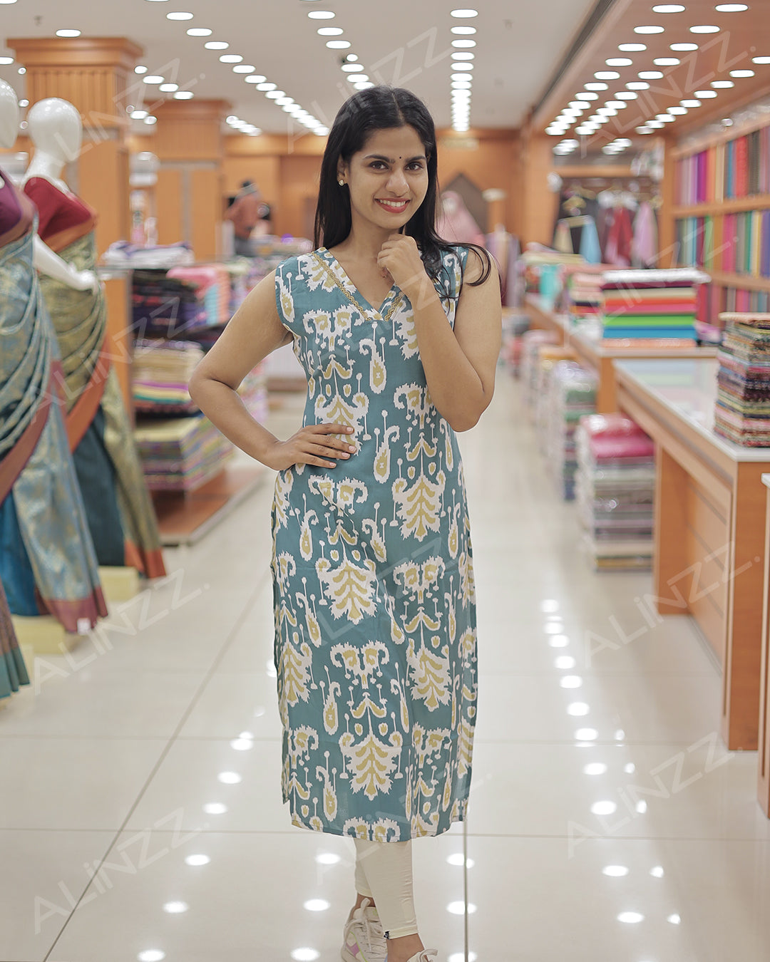 Women's Rayon Ikat Print Sleeveless Slitted Kurthi -R480