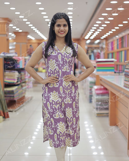 Women's Rayon Ikat Print Sleeveless Slitted Kurthi -R480