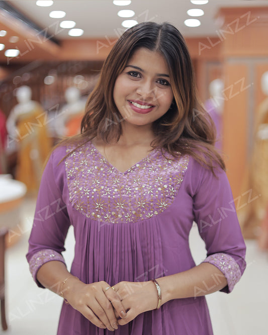 Women’s A-Line Georgette Kurti with Velvet Patch Work - R483