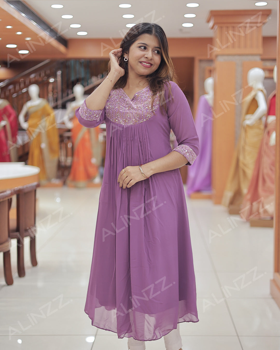 Women’s A-Line Georgette Kurti with Velvet Patch Work - R483