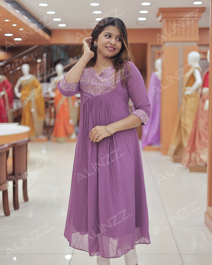 Women’s A-Line Georgette Kurti with Velvet Patch Work - R483