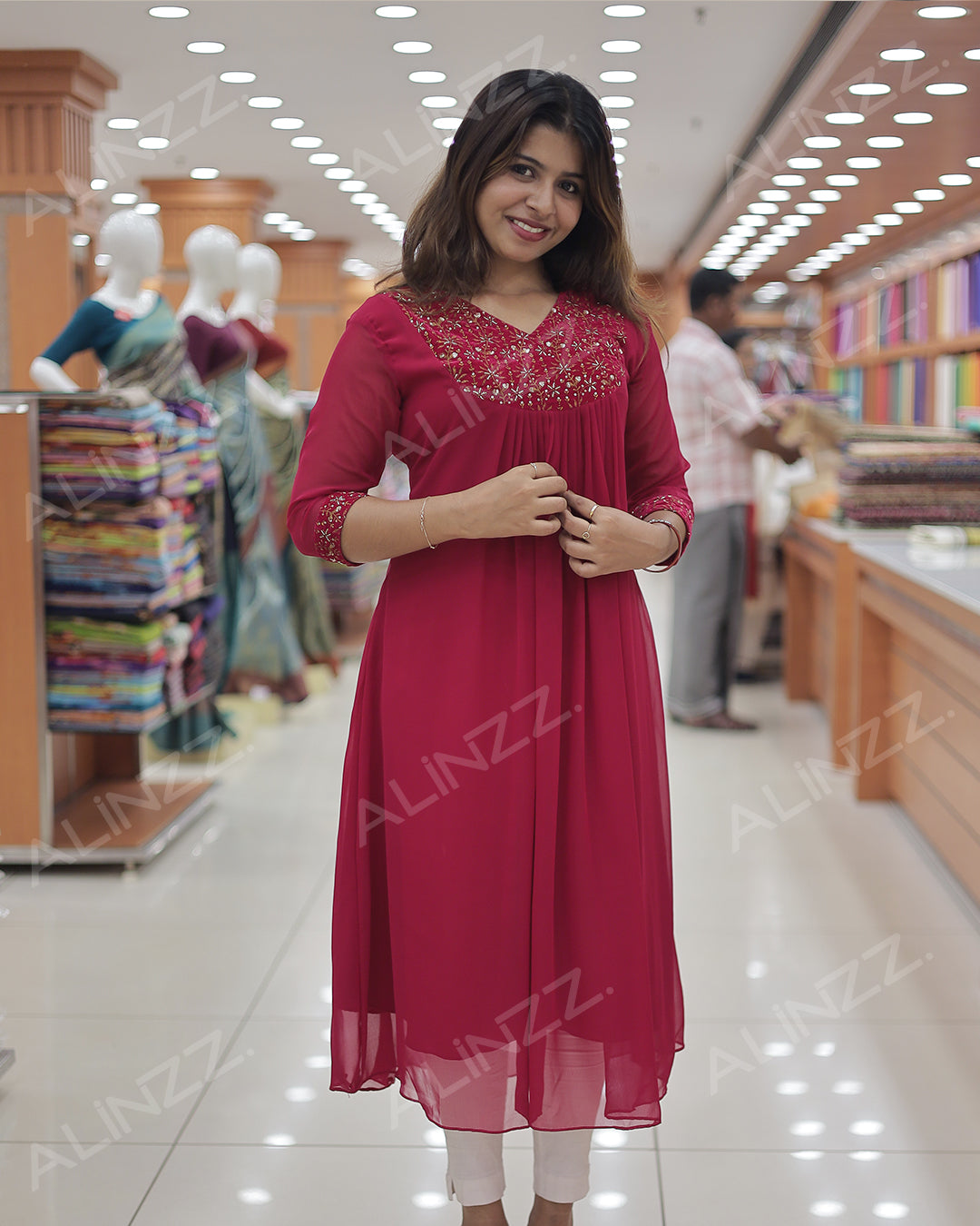 Women’s A-Line Georgette Kurti with Velvet Patch Work - R483