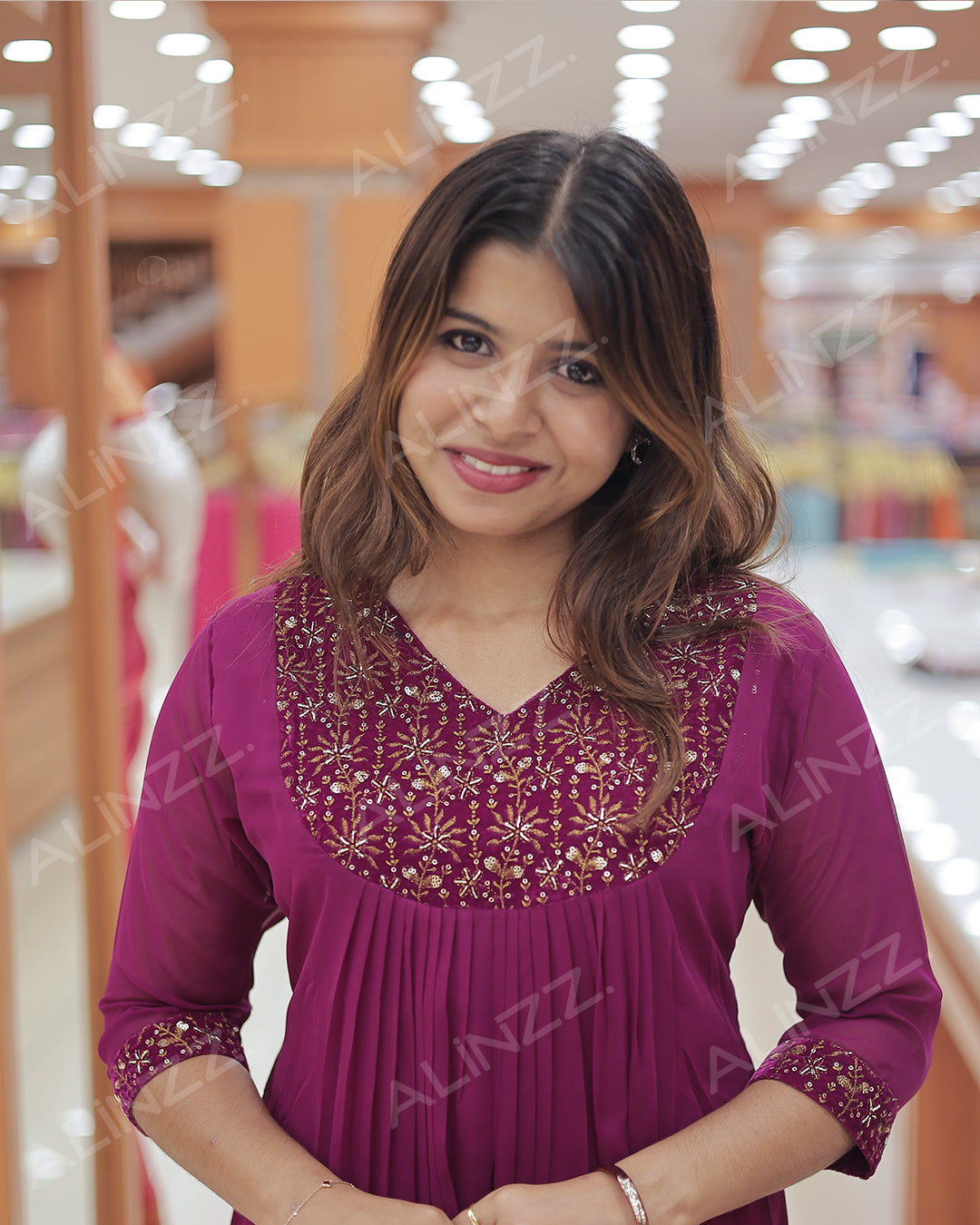 Women’s A-Line Georgette Kurti with Velvet Patch Work - R483