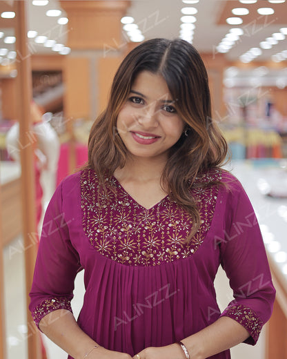 Women’s A-Line Georgette Kurti with Velvet Patch Work - R483