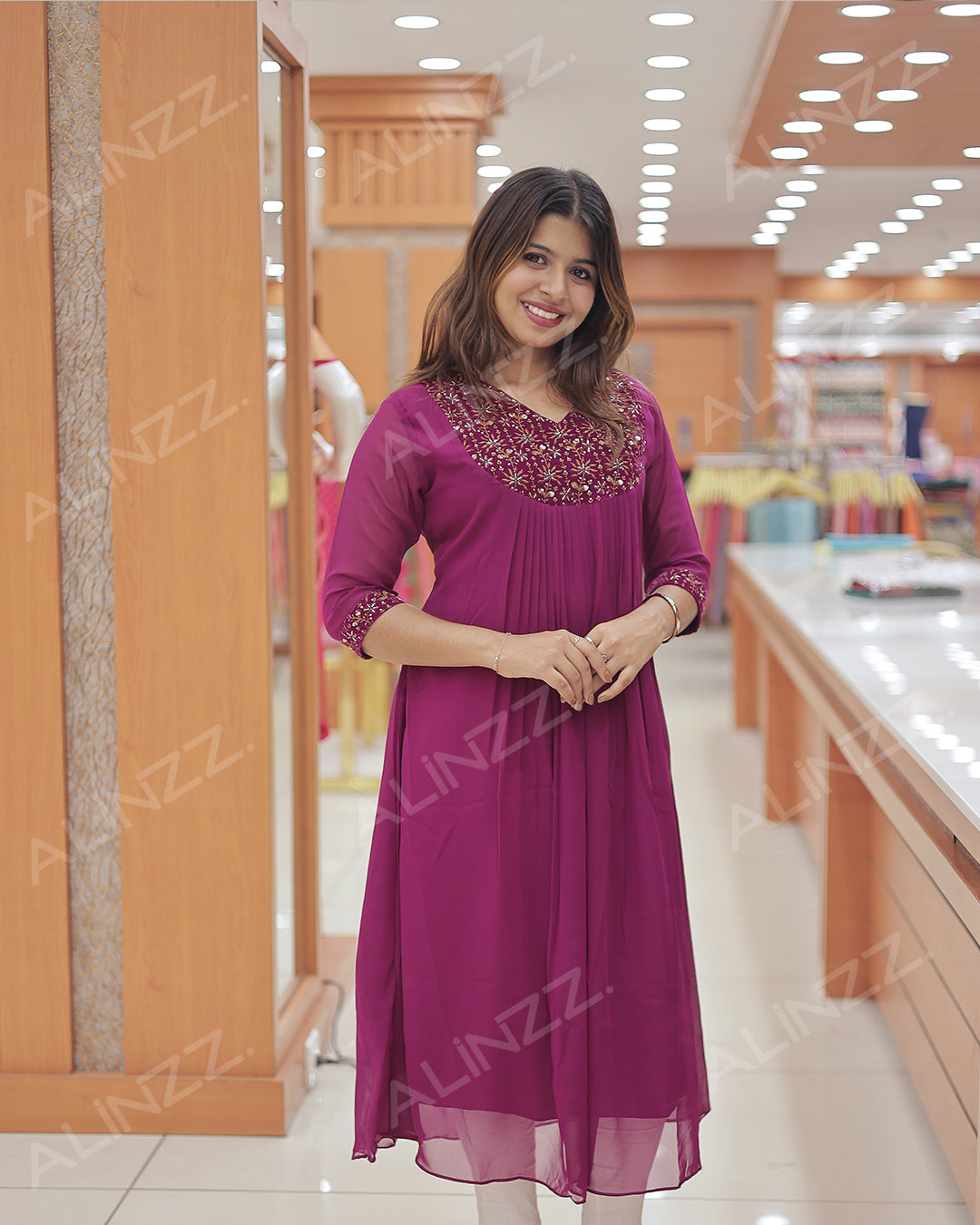 Women’s A-Line Georgette Kurti with Velvet Patch Work - R483