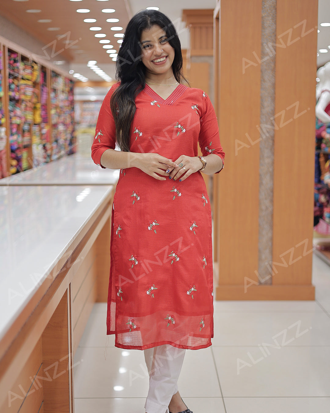 Floral Embroidery Net Cotta Women’s Slitted Kurt -R496 (c)