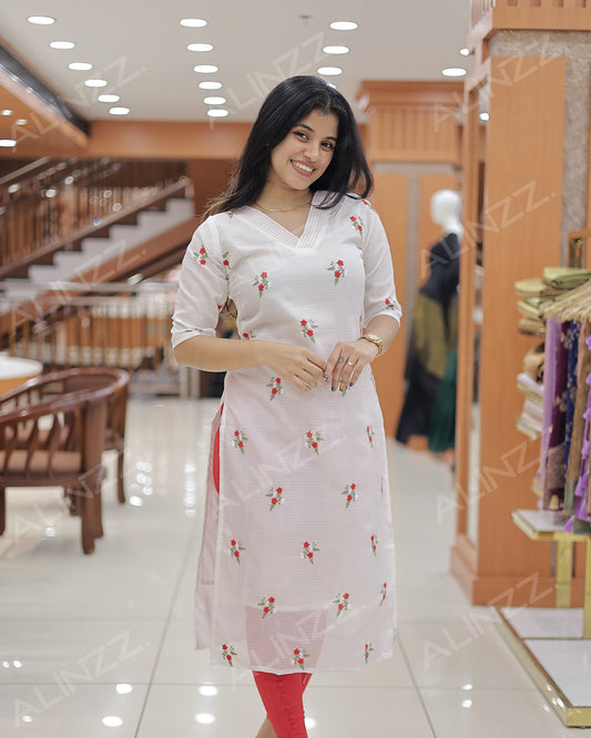 Floral Embroidery Net Cotta Women’s Slitted Kurt -R496 (c)