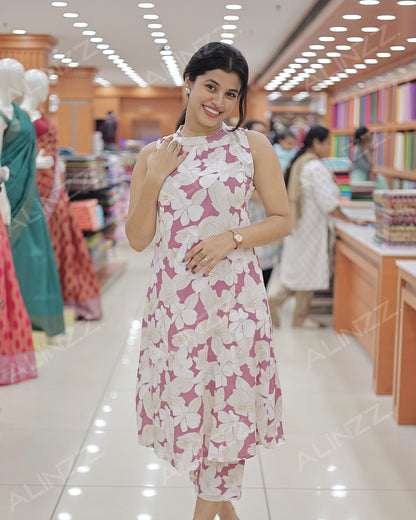 Sleeveless Floral Print Rayon Women's Co-Ord Set -R499