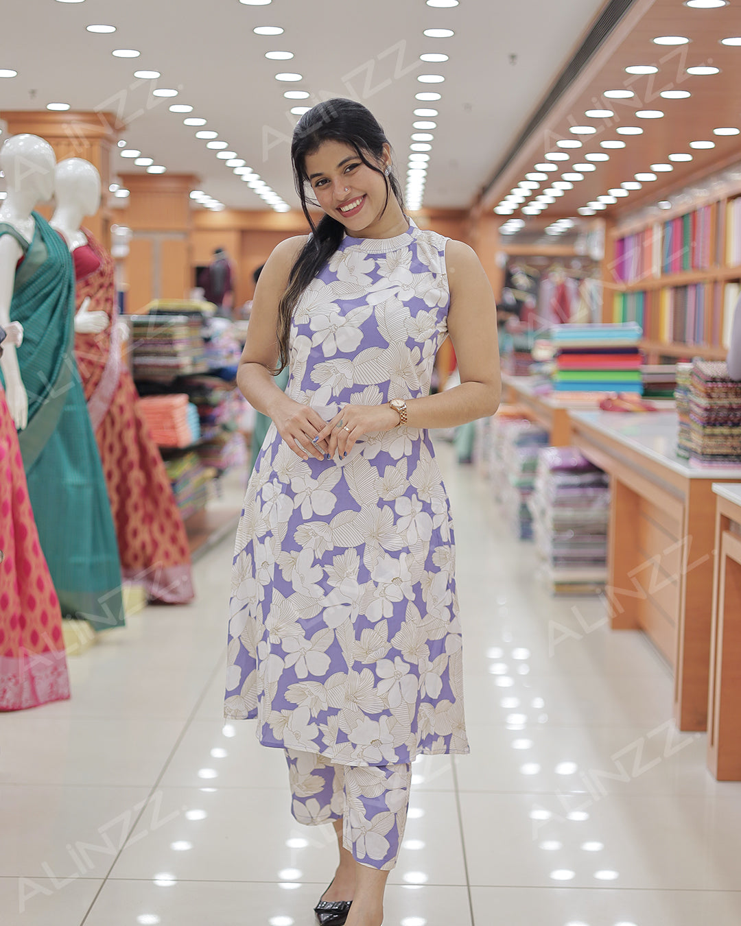 Sleeveless Floral Print Rayon Women's Co-Ord Set -R499