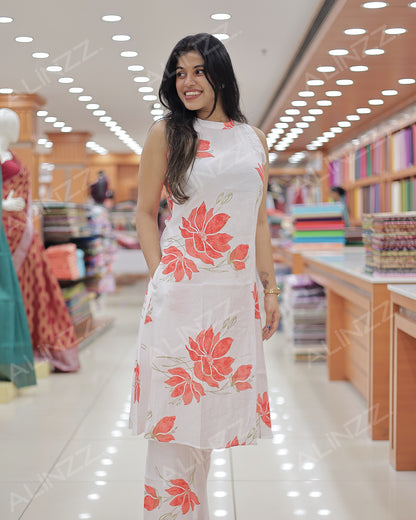 Elegant Handpainted Floral Co-Ord Set for Women -R501