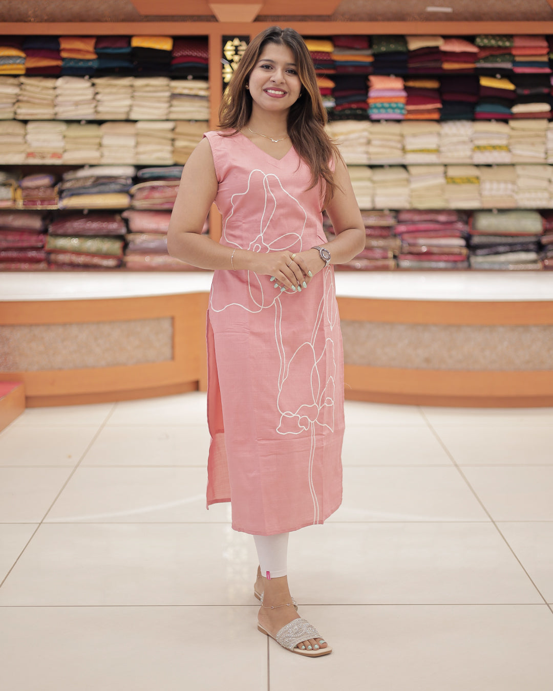 Women's Floral Embroidered Side Slit Kurti – R510