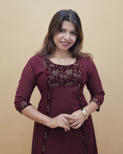 Women’s Georgette Jacket-Style Kurti with Velvet Embroidery-R547