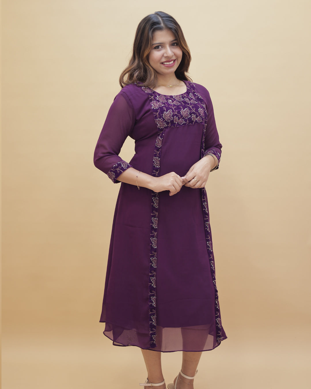 Women’s Georgette Jacket-Style Kurti with Velvet Embroidery-R547