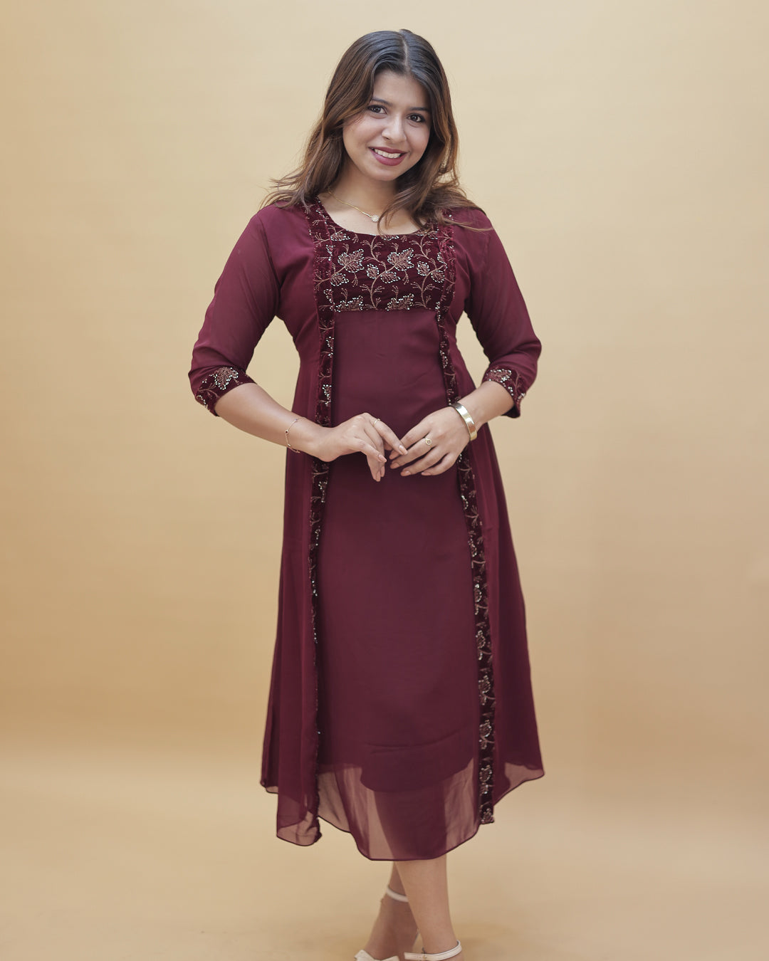 Women’s Georgette Jacket-Style Kurti with Velvet Embroidery-R547