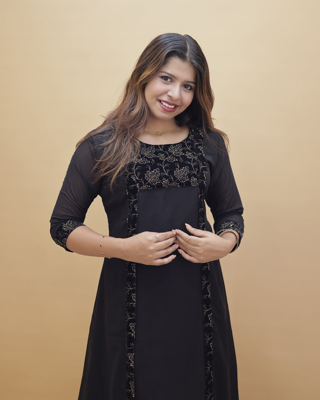 Women’s Georgette Jacket-Style Kurti with Velvet Embroidery-R547