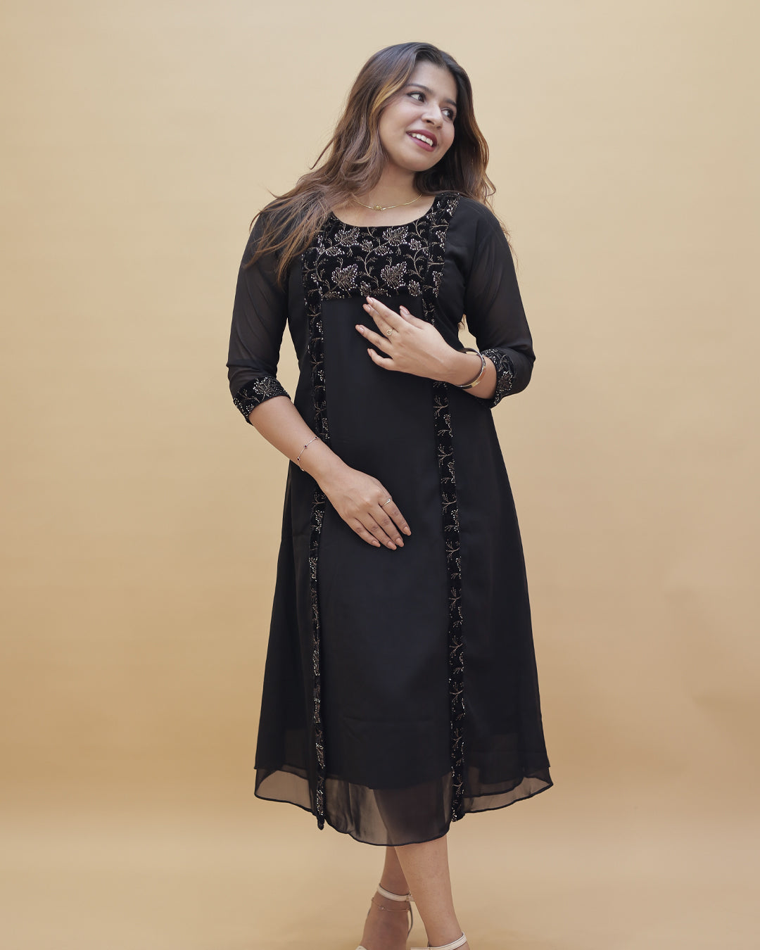 Women’s Georgette Jacket-Style Kurti with Velvet Embroidery-R547