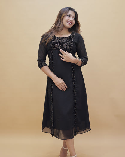 Women’s Georgette Jacket-Style Kurti with Velvet Embroidery-R547