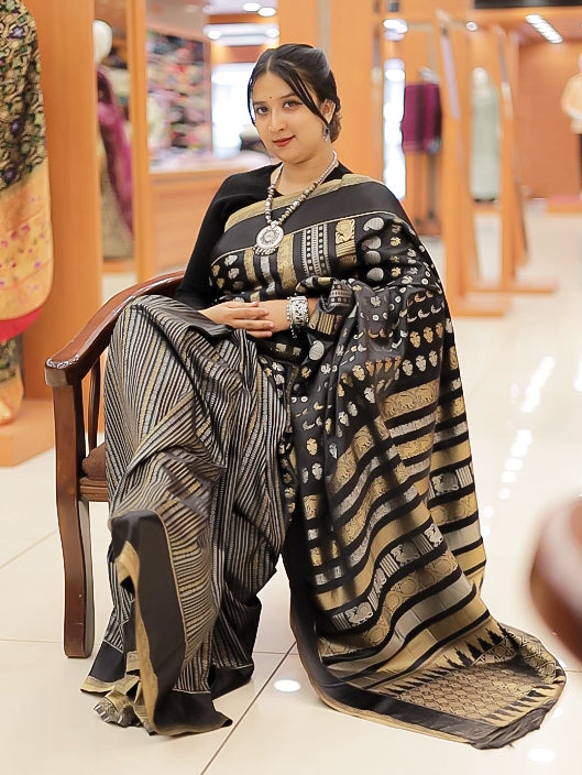 Elegant Black Semi Katan Silk Saree for Women - R451