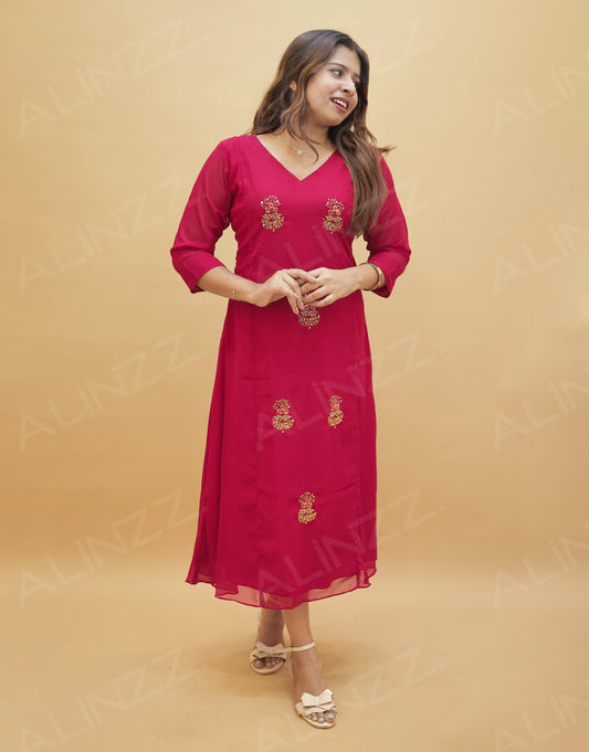 Georgette A-Line Kurti with Front Beads Work – R537