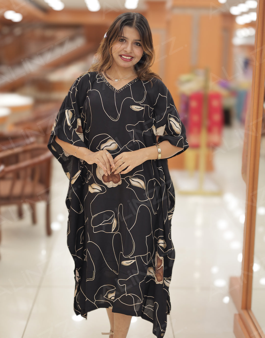 Rayon Floral Design Caftan with Neck Sequence – R542