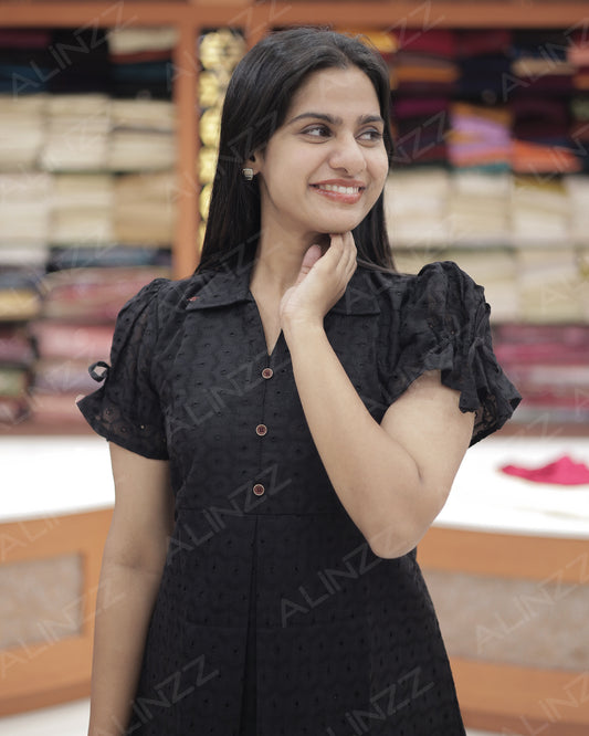 Hakoba Cotton Floral Design Frock with Puff Sleeves – R540