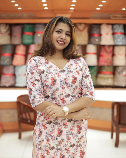 Women's  Hakoba Floral Print Slited Kurti-1470