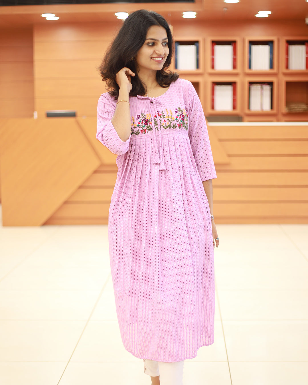 Women's Imported Hakoba Kurti with Floral Embroidery- 1258