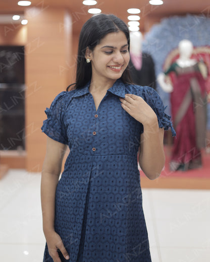 Hakoba Cotton Floral Design Frock with Puff Sleeves – R540