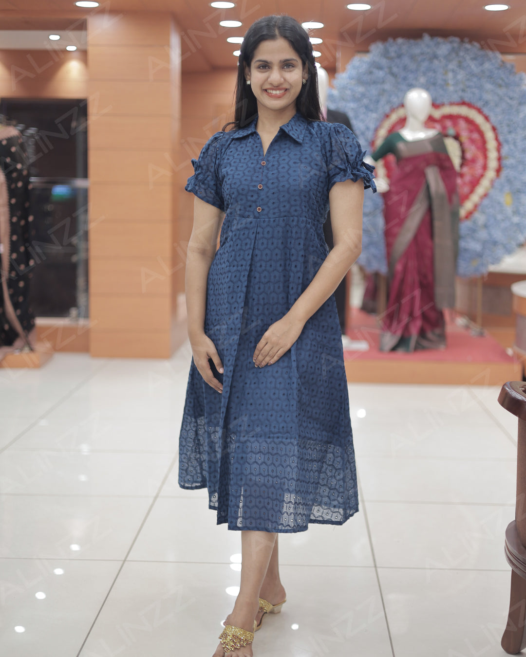 Hakoba Cotton Floral Design Frock with Puff Sleeves – R540